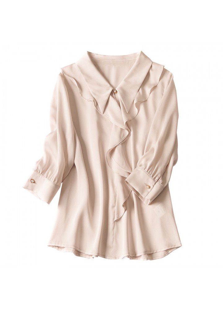 Korean top women's design temperament shirt women's summer short sleeve top 5 / 5 middle Sleeve Chiffon shirt spring and Autumn