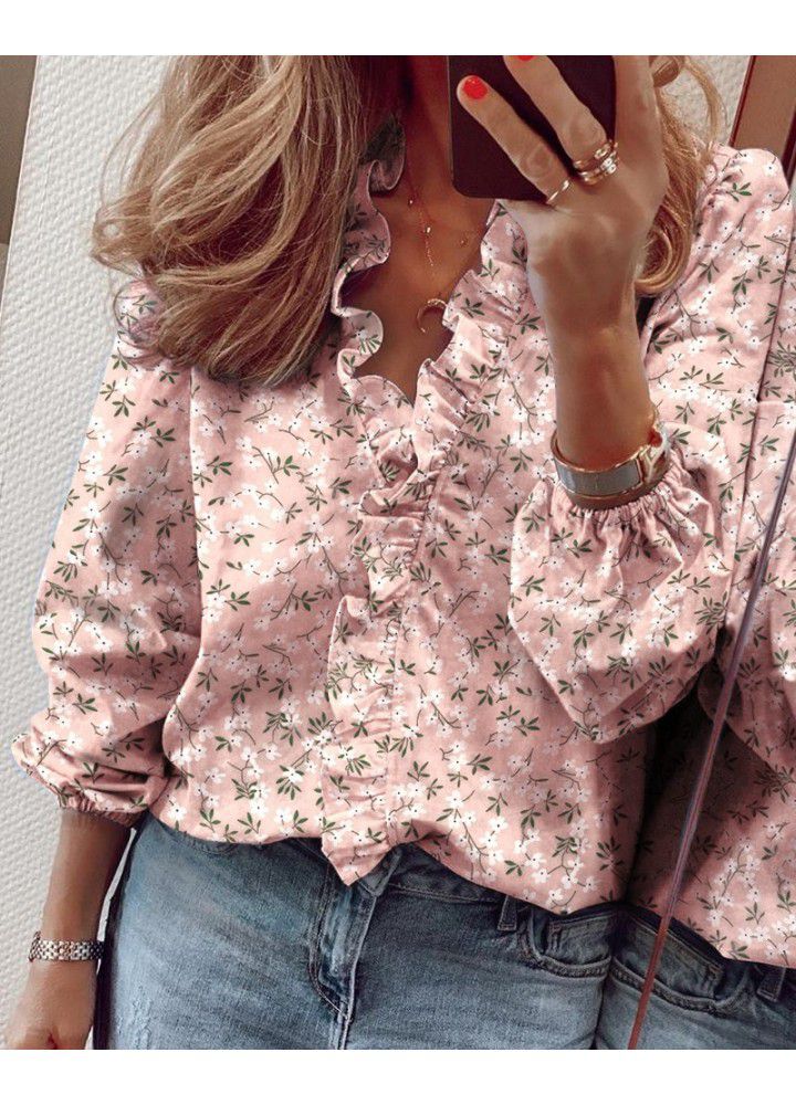 2020 Amazon wish express eBay spring and summer new European and American Long Sleeve Ruffle blouse