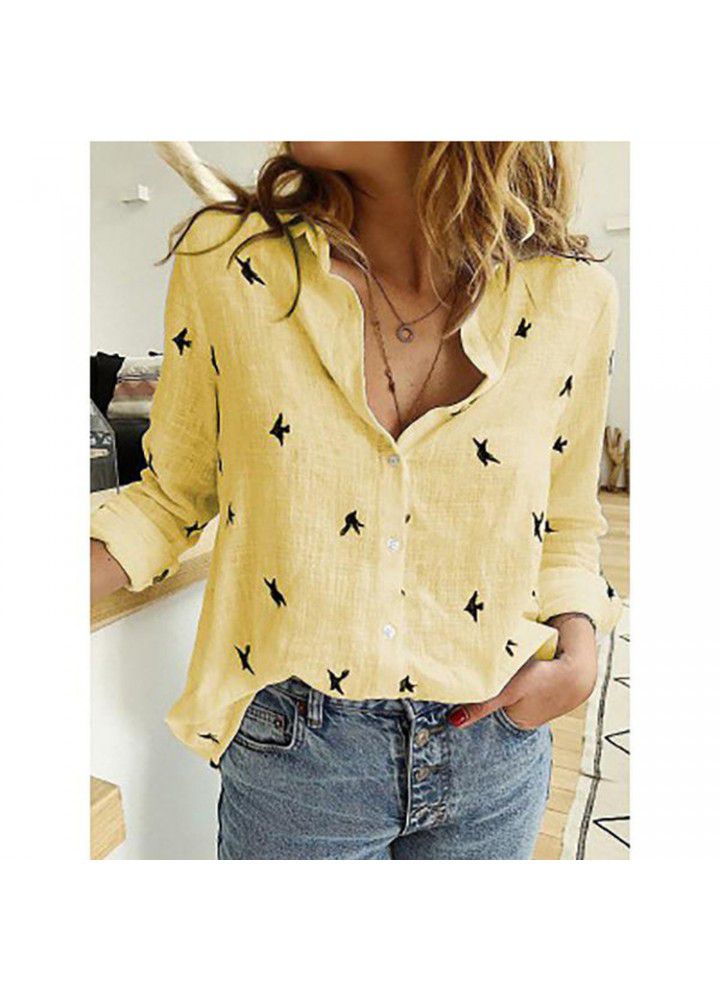 New express in autumn 2019 Amazon wish hot selling long sleeve shirt with loose button printing in Europe and America