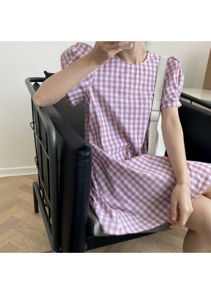 Zhicongxi 2021 summer new Korean retro Plaid round neck bubble sleeve medium length casual dress women's 1799