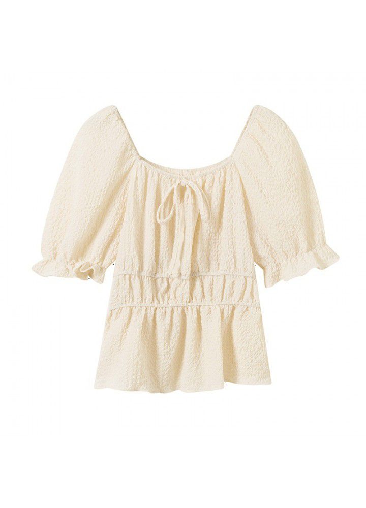 Real shot 2021 summer new Korean versatile Square Neck Lace Up bubble cloth waist down short sleeve shirt blouse