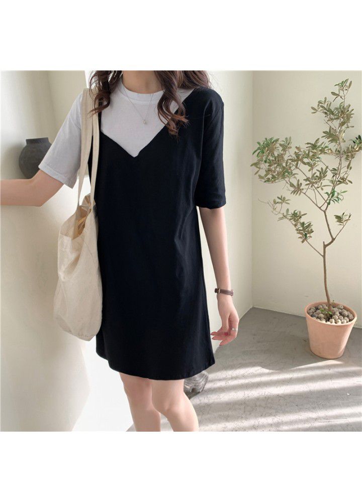 2021 summer stitching temperament fake two-piece dress women's short sleeve small slim T-shirt skirt half sleeve top