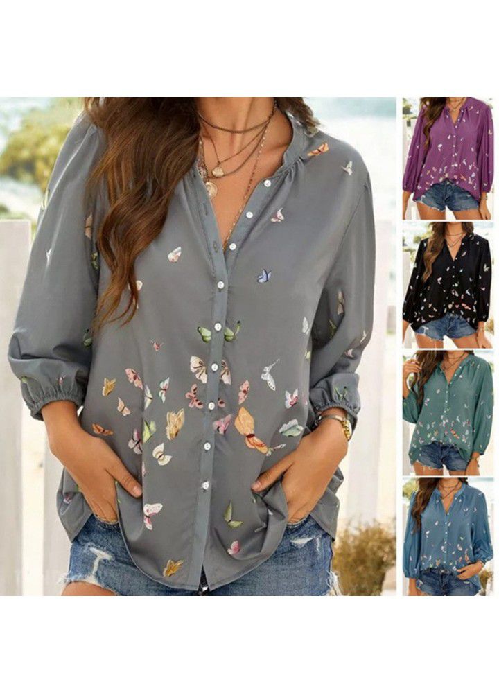 2021 foreign trade wish cross border new European and American women's top long sleeve Lapel women's shirt