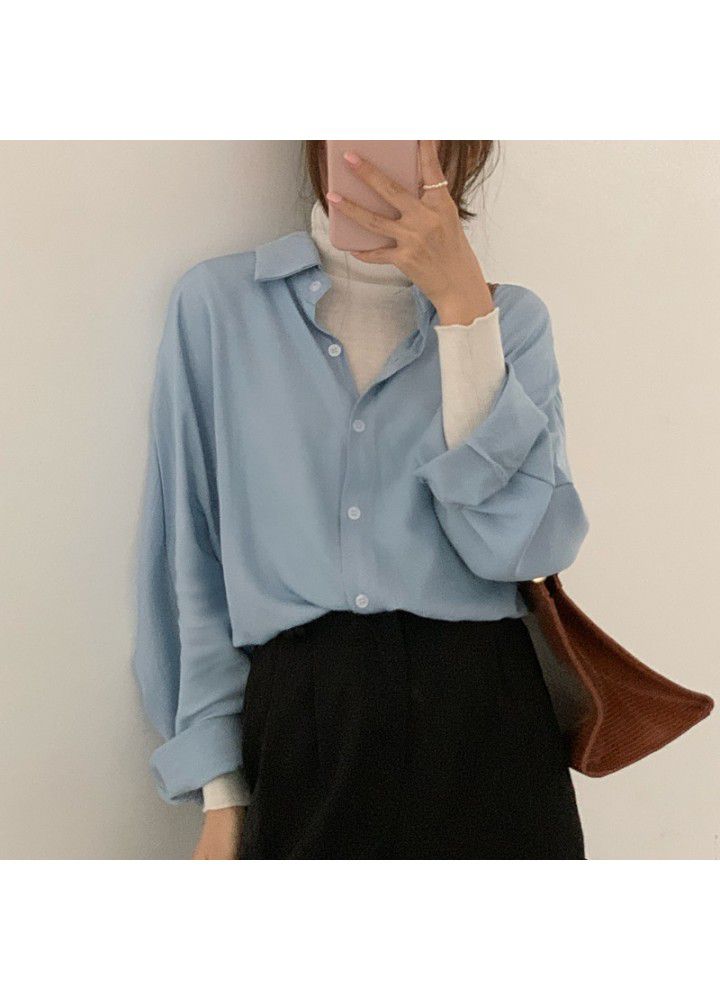 2021 new Korean blue shirt women's design career shirt loose long sleeve top