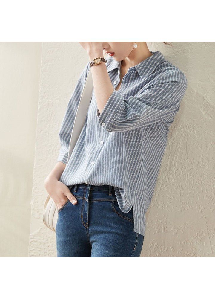 Blue Stripe Shirt female 2021 spring and summer new 7 / 3 sleeve fashion foreign style loose top shirt female design feeling