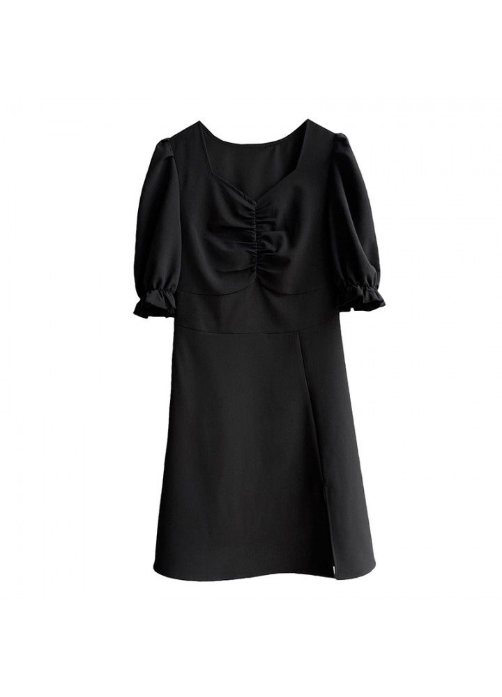 Taochuan French split black dress women's 2021 slim waist Hepburn first love skirt V-neck skirt 5153