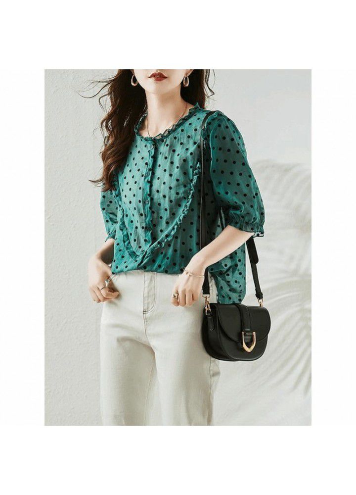Green Dot Shirt women's summer wear thin 2021 new European fashion age reducing Chiffon Top