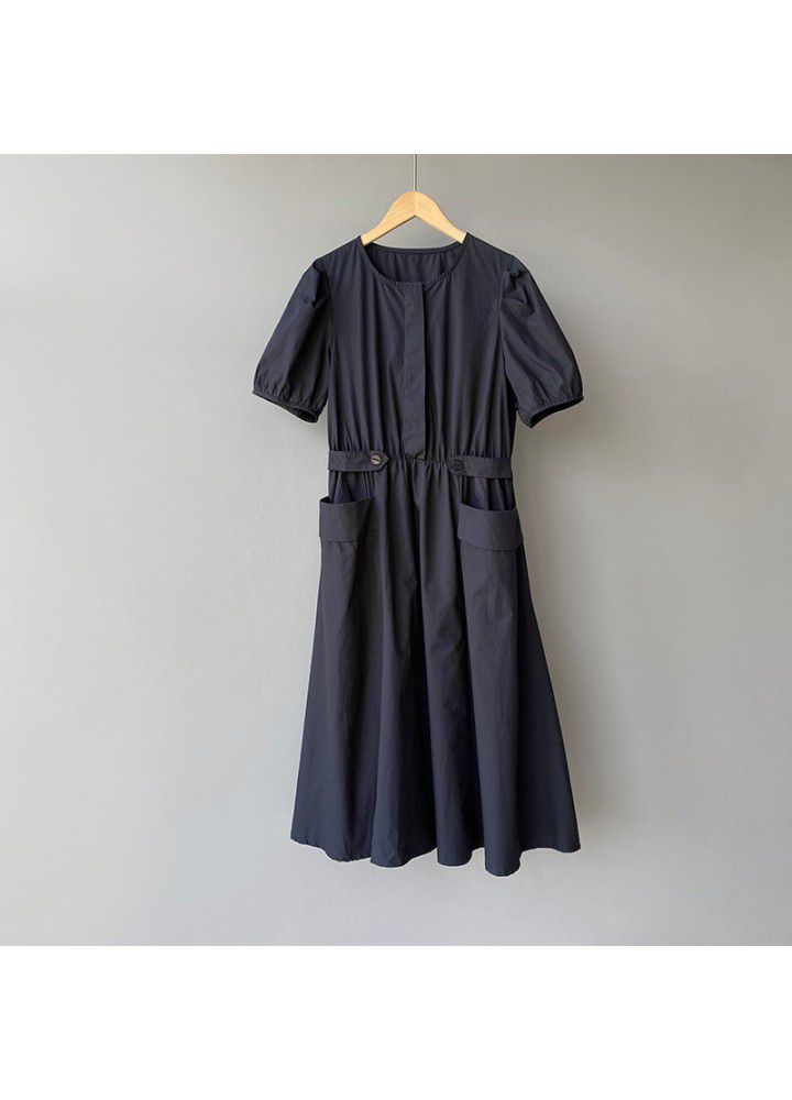 Taochuan solid round neck bubble sleeve dress women's 2021 summer double pocket elastic waist bandage long skirt slim 8190