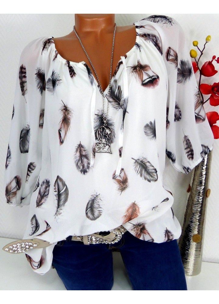 Cross border wish Amazon eBay new European and American casual V-neck Quarter Sleeve loose feather print shirt for women