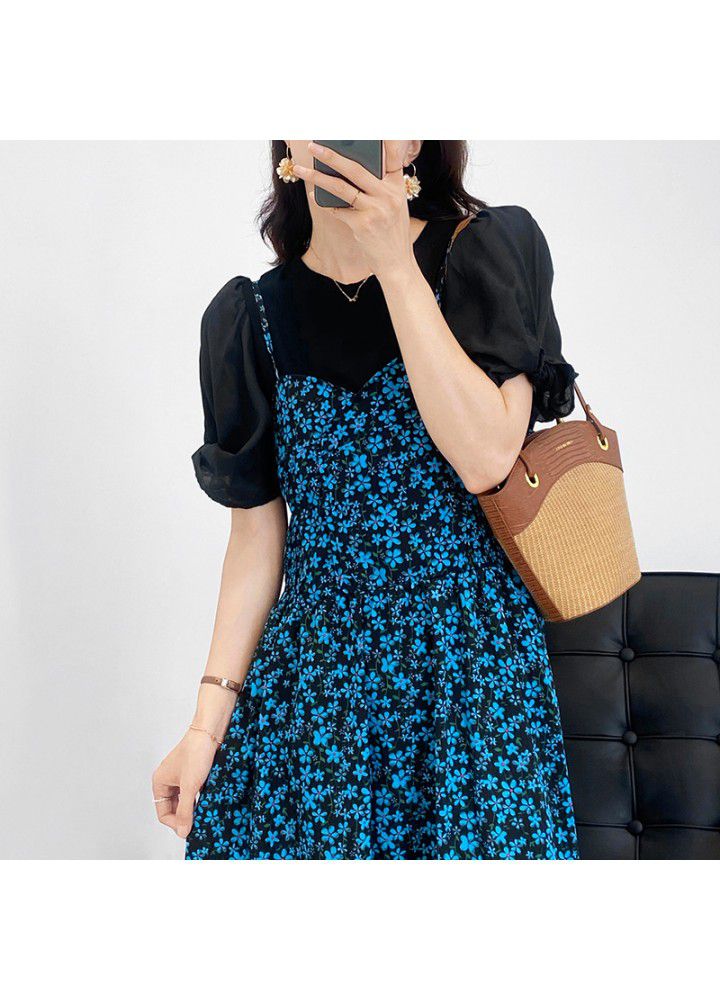 Taochuan two piece floral suspender skirt women's 2021 summer bubble sleeve T-shirt temperament gentle long dress 5176