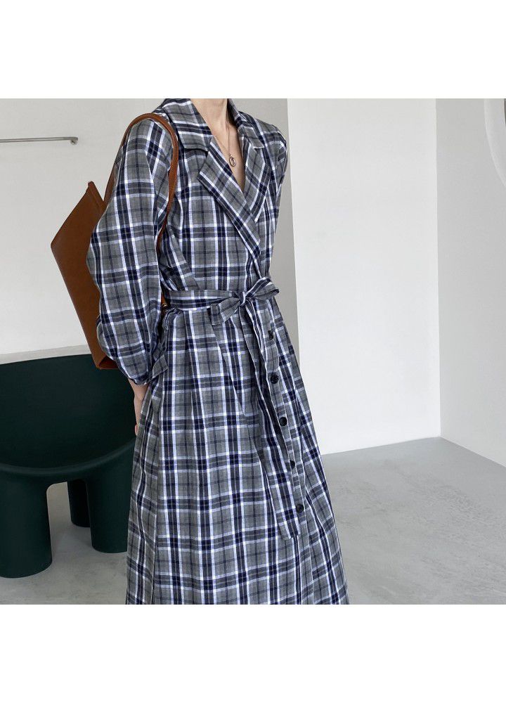 Zhicongxi long Plaid Dress long sleeve shirt skirt autumn new suit collar Korean waist long skirt 598