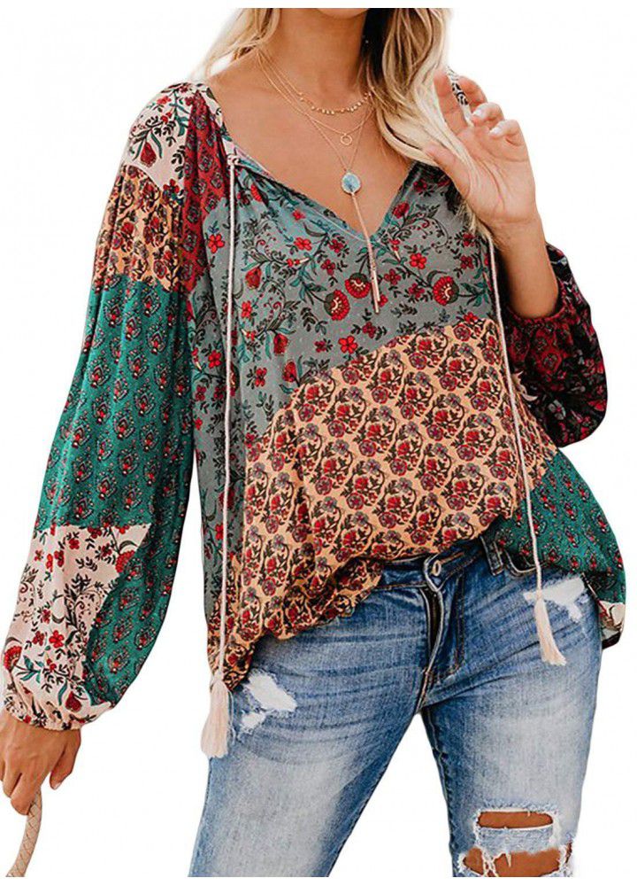 Cross border wish Amazon eBay printed large V-Neck long sleeve pullover shirt loose drawstring Top Blouse