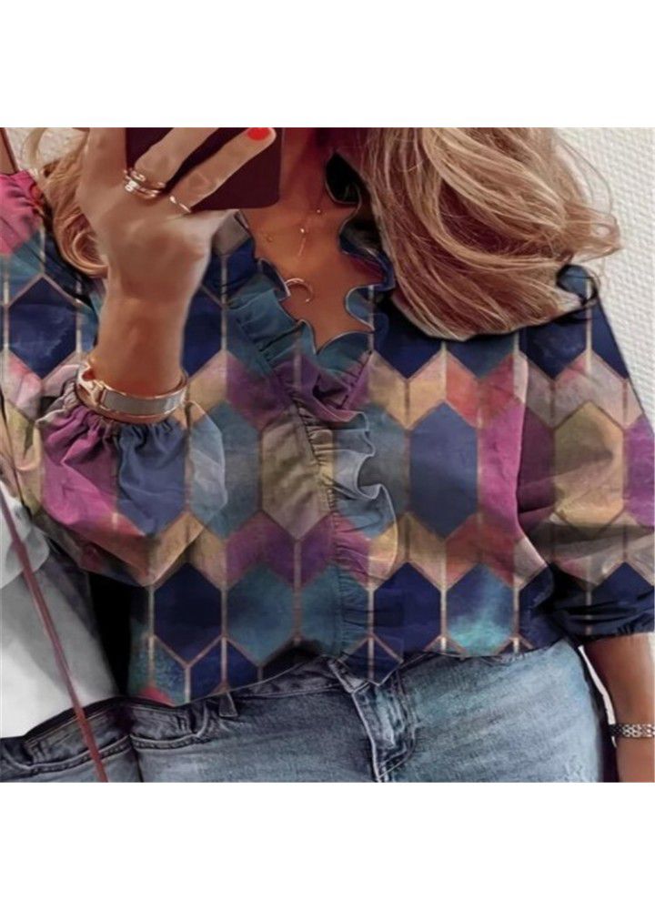 2021 Amazon wish express eBay spring and summer new European and American long sleeve printed Ruffle blouse