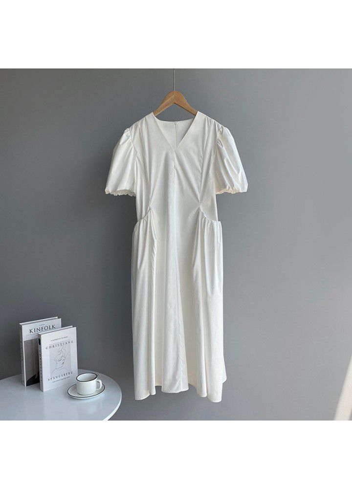 Taochuan solid color big pocket bubble sleeve dress women's summer 2021 new French V-neck loose swing dress 1953