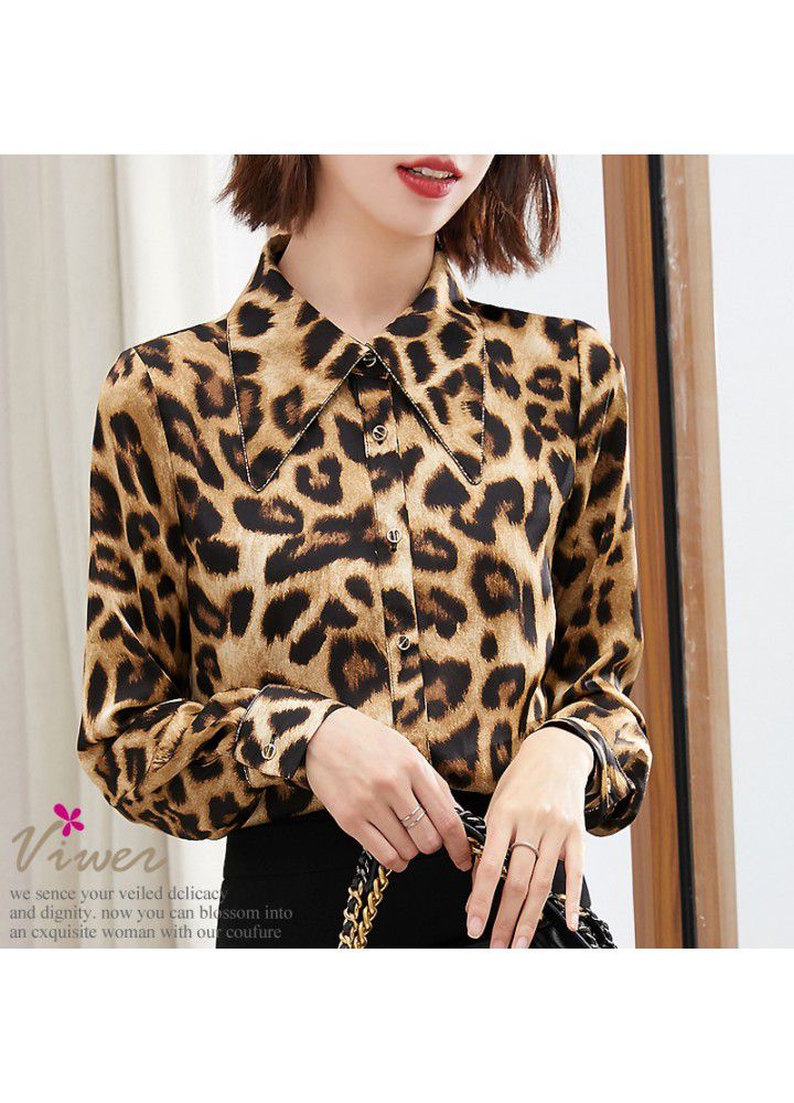 Leopard chiffon shirt long sleeve 2021 spring and autumn new Satin top slim with foreign style belly covering shirt