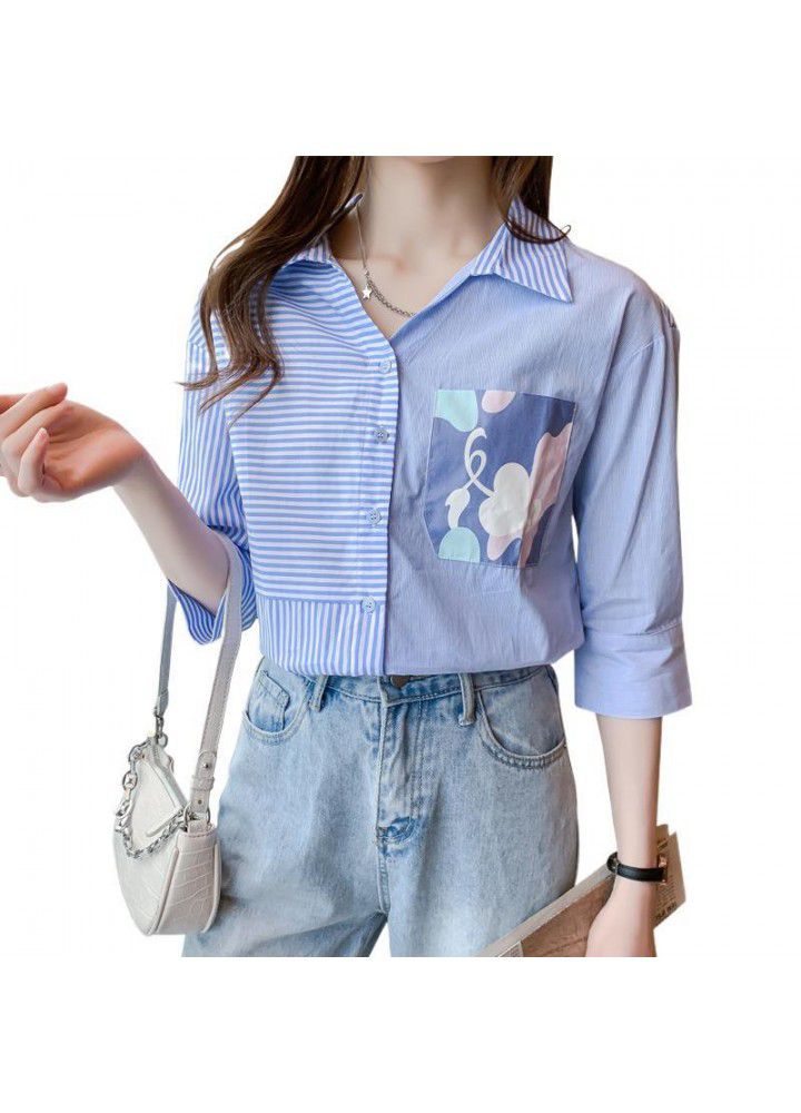 2021 Korean summer new blue and white striped shirt for women