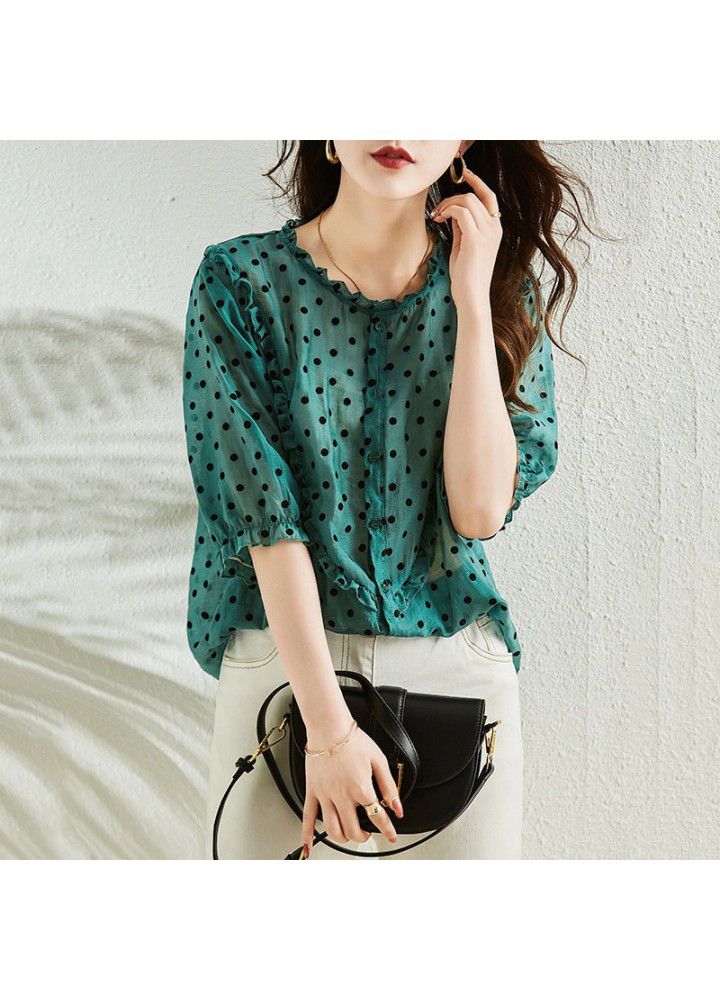 Green Dot Shirt women's summer wear thin 2021 new European fashion age reducing Chiffon Top