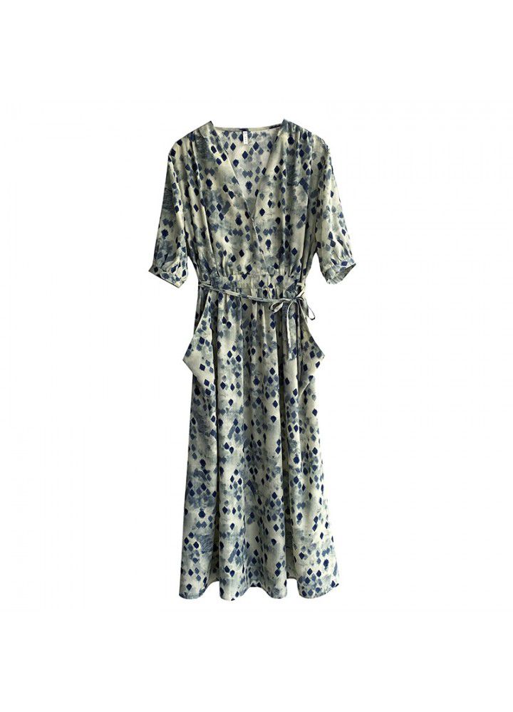 Taochuan waist V-neck short sleeve dress summer 2021 new loose halo dye temperament floral dress 3372