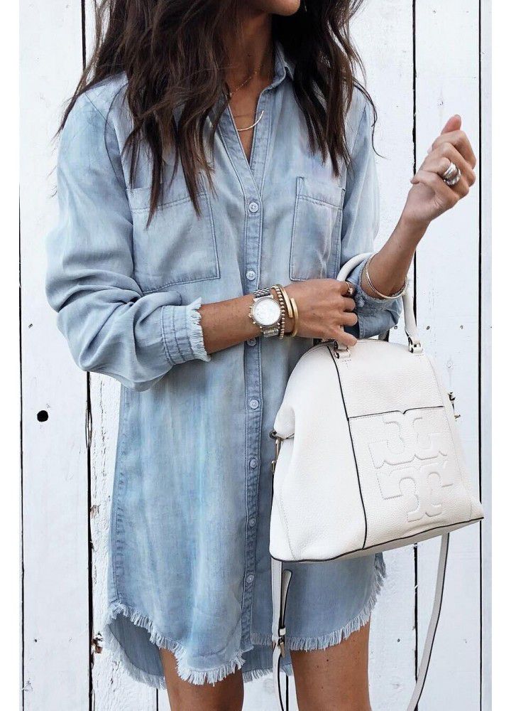 Cross border wish Amazon eBay European and American women's large loose medium length tassel women's denim shirt