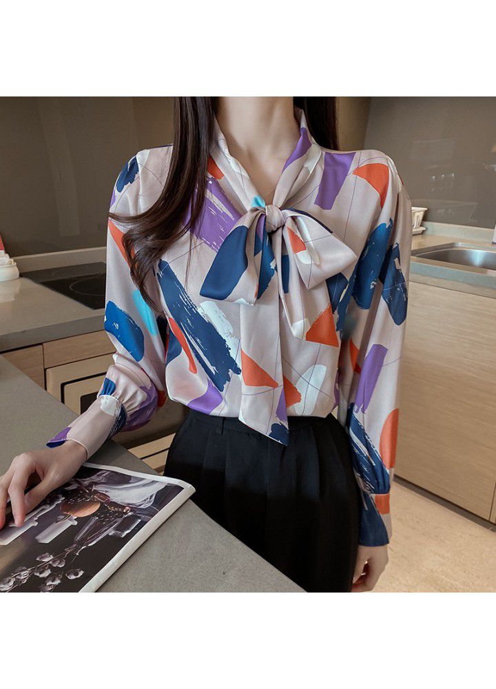 2021 design and color new style early spring bow tie lead fashion geometric print temperament Satin shirt