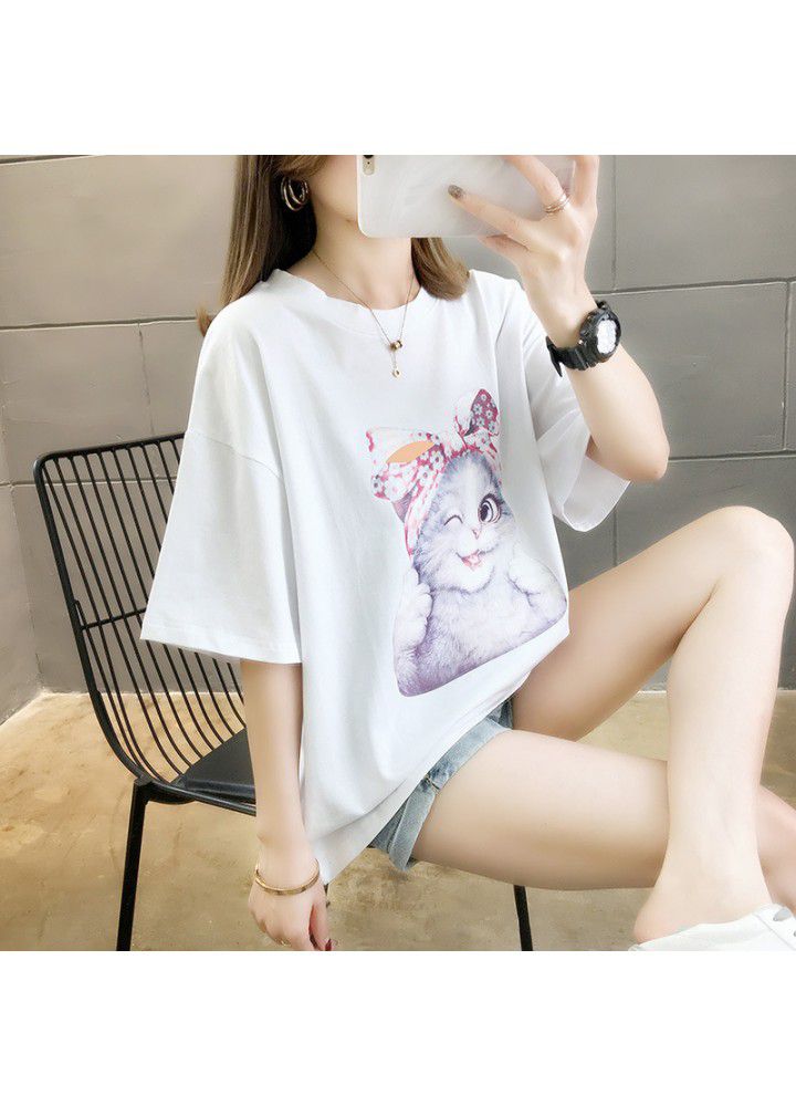 2021 summer Korean new round neck cartoon kitten short sleeve T-shirt women's net red fashion versatile half sleeve clothes