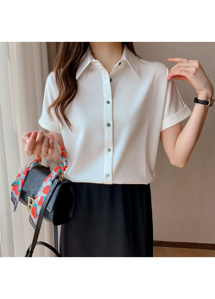 2021 summer new Satin short sleeve shirt female Hong Kong style student Polo professional temperament Satin top commuting slim fit