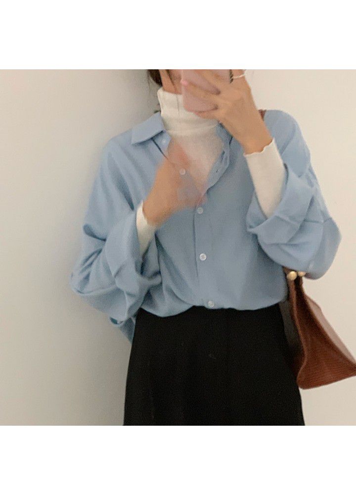 2021 new Korean blue shirt women's design career shirt loose long sleeve top