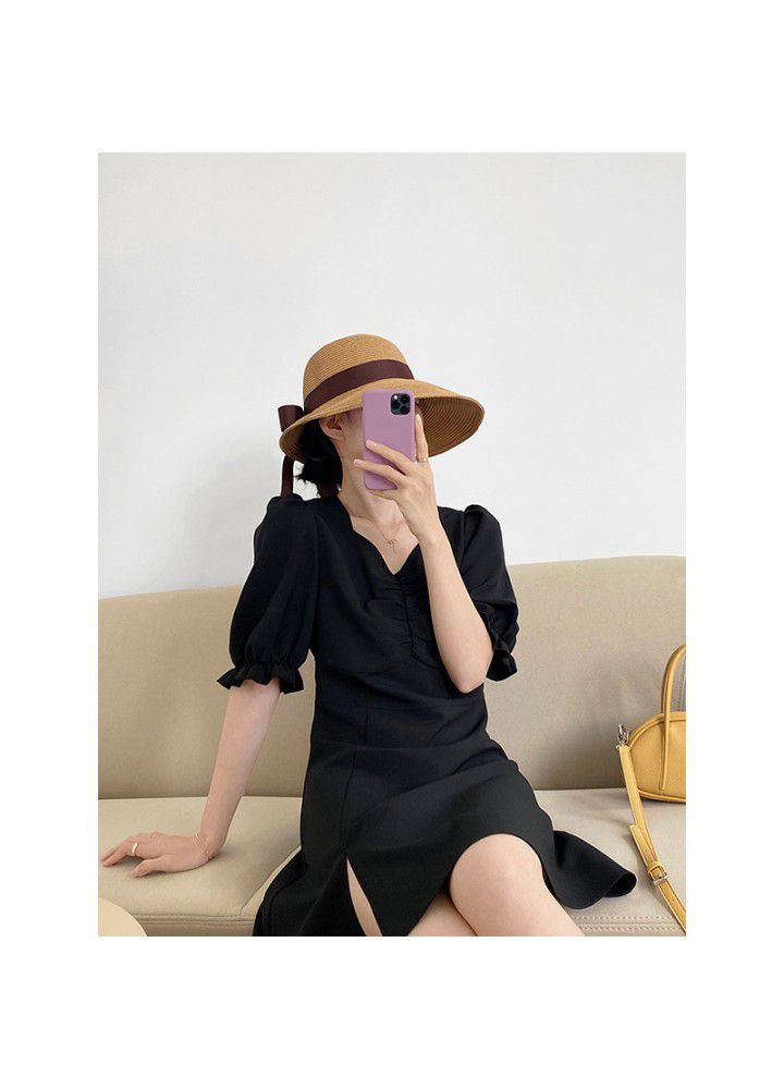 Taochuan French split black dress women's 2021 slim waist Hepburn first love skirt V-neck skirt 5153