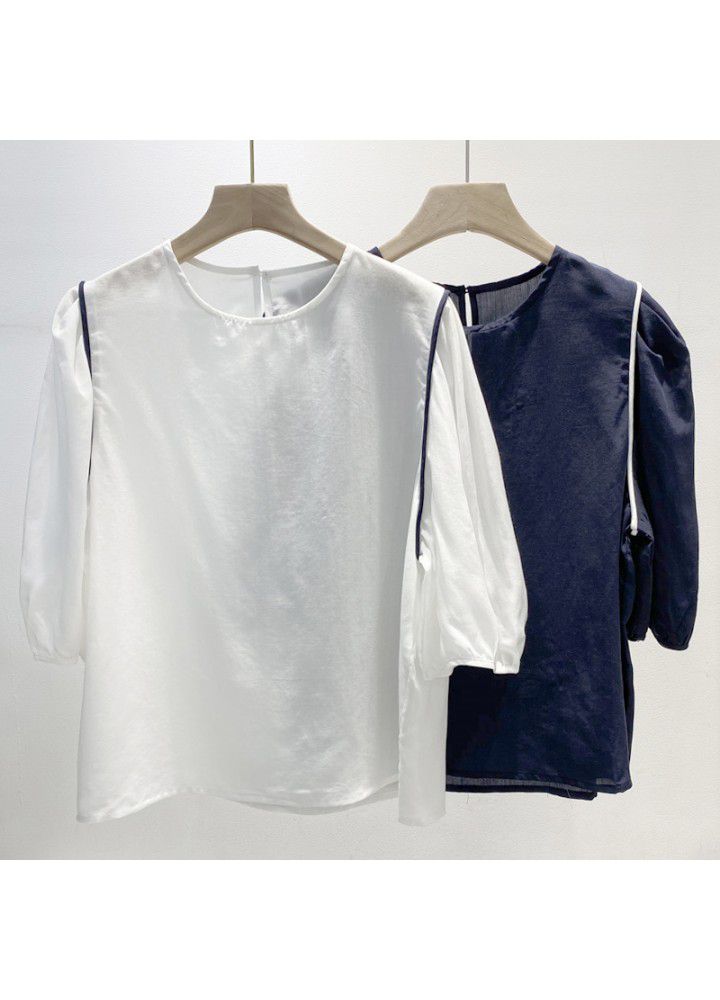 Women's cotton and hemp short sleeve shirt 2021 new Korean style bubble sleeve round neck Tencel hemp small top