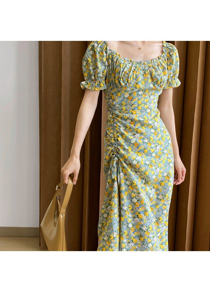Taochuan square collar oil painting lace dress women's 2021 summer short sleeve French Orange Floral bubble sleeve long skirt 785