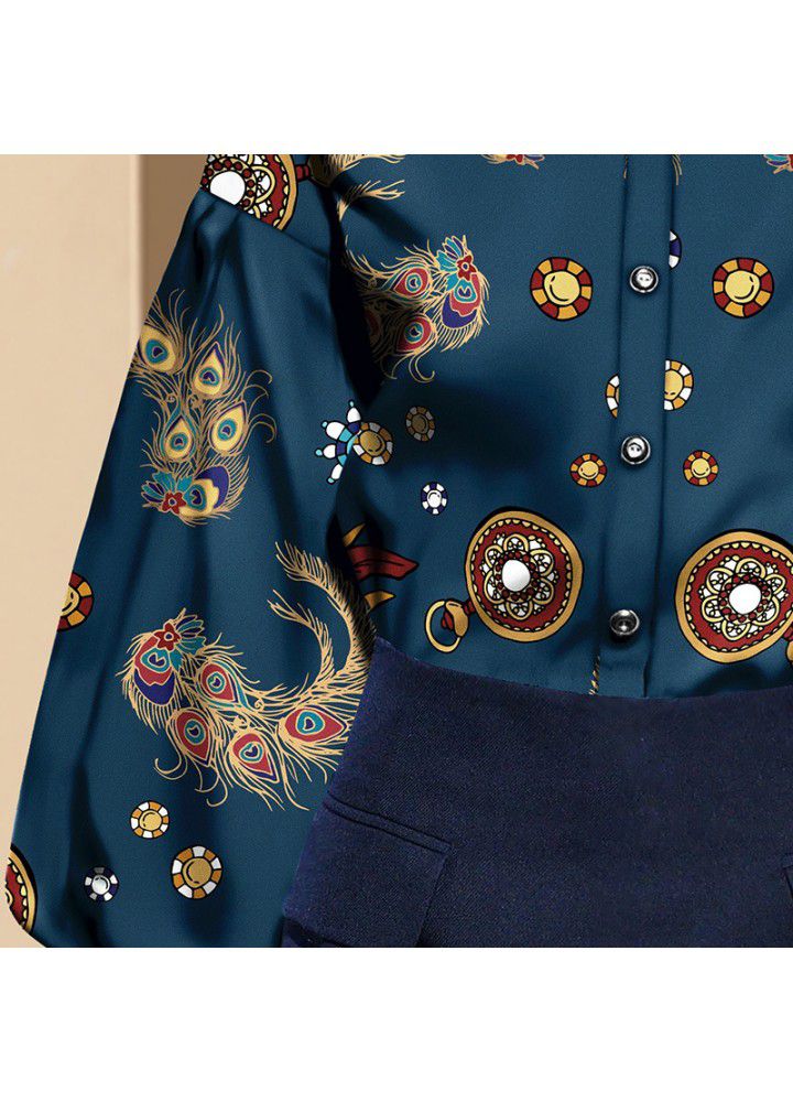 European and American spring fashion 2021 new women's Retro Lantern Sleeve Shirt women's design temperament print top fashion