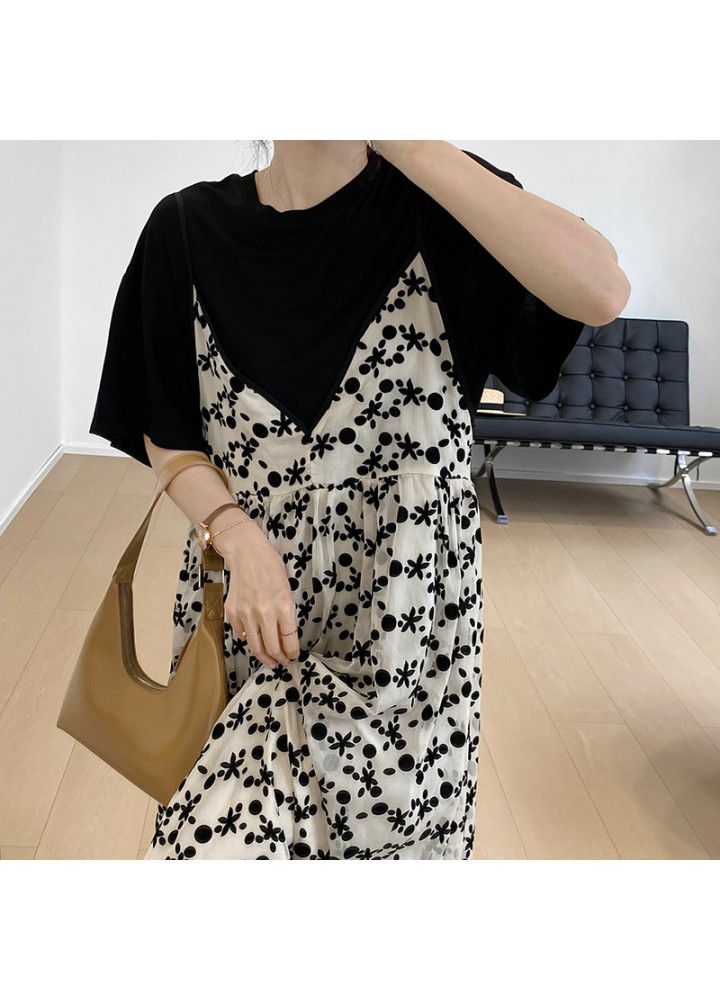 Taochuan flocking floral suspender dress women's 2021 RETRO art loose and thin V-neck Chiffon Dress 3373