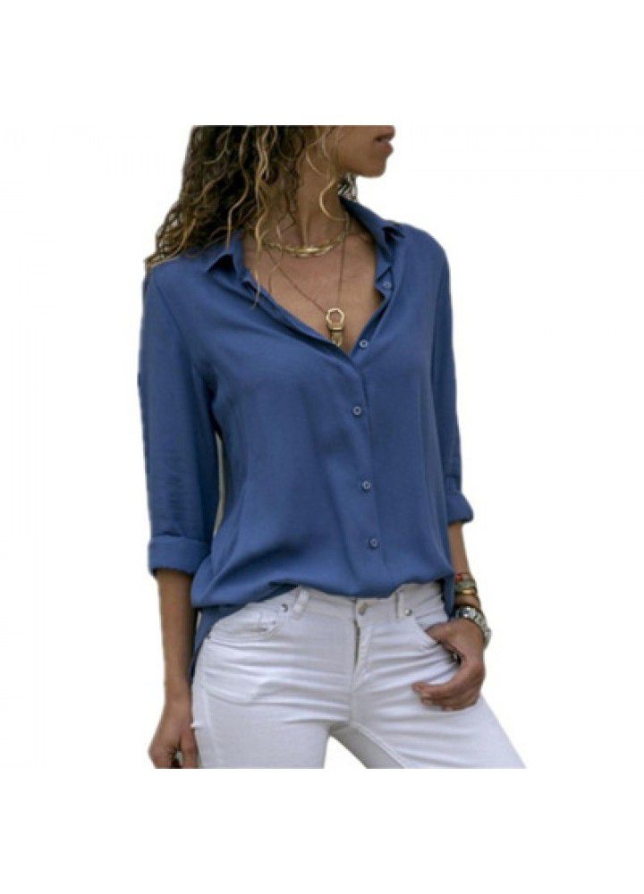 Cross border wish Amazon eBay European and American chiffon shirt women's shirt long sleeve deep V Lapel button shirt women's shirt