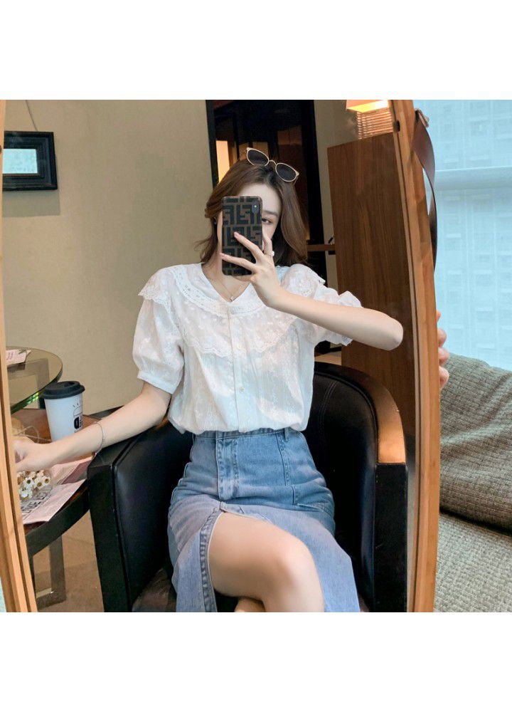 Real shot baby Collar Chiffon shirt women's summer dress 2021 new short sleeve Lace Chiffon shirt Fairy