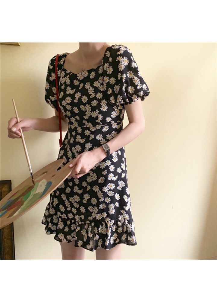 2021 summer new small bubble sleeve dress women's collar medium long short sleeve floral Daisy skirt