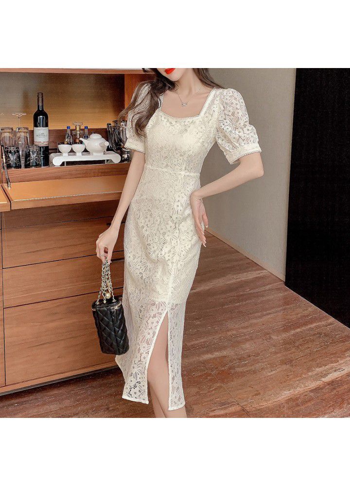 2021 summer new French retro square collar temperament split skirt hook flower hollow lace dress fairy women's dress