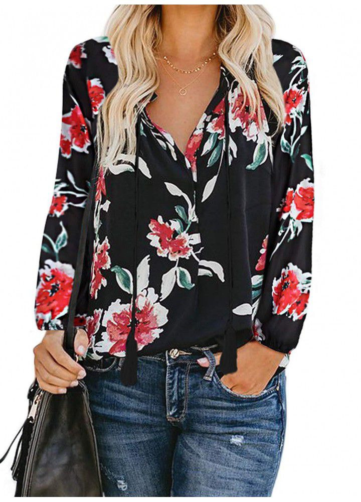 Cross border wish Amazon eBay printed large V-Neck long sleeve pullover shirt loose drawstring Top Blouse