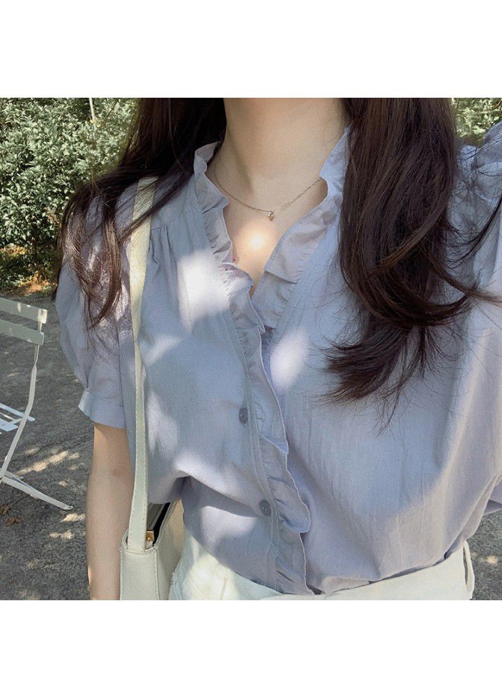 2021 summer new Korean version gentle temperament sweet age reduction ear edge pleated V-neck short sleeve shirt blouse