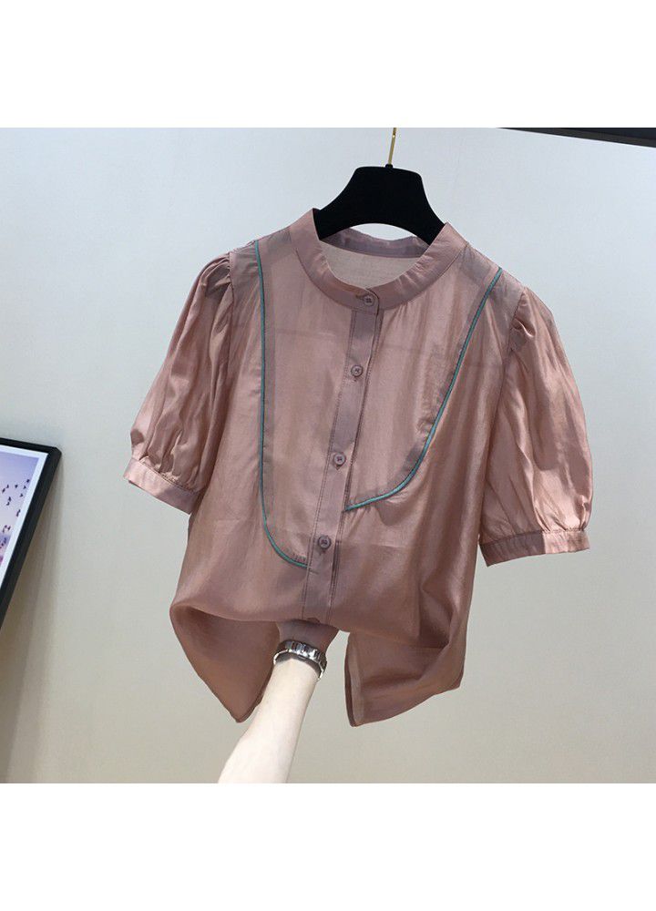 European goods 2021 summer new stand collar Short Sleeve Chiffon shirt women's top fashion small foreign style belly covering shirt