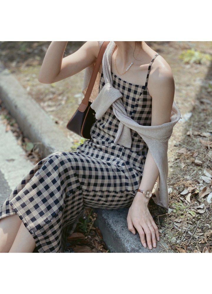 Zhicongxi retro Plaid suspender dress women's mid length 2021 spring and summer with split bottom skirt 3369