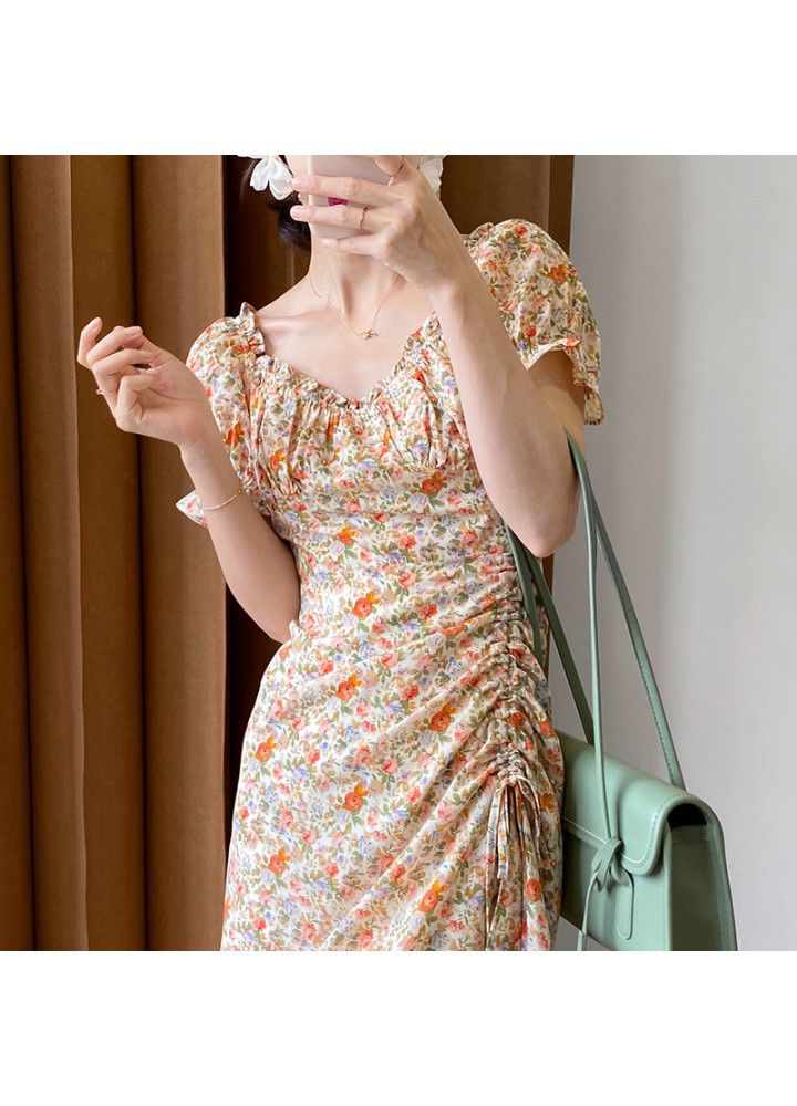 Taochuan square collar oil painting lace dress women's 2021 summer short sleeve French Orange Floral bubble sleeve long skirt 785