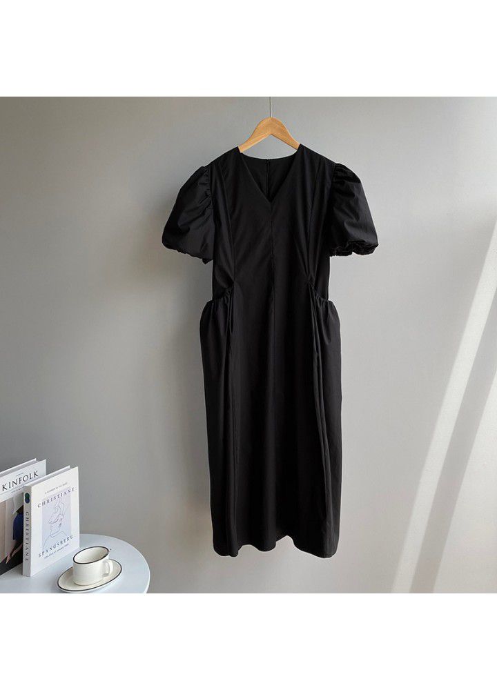 Taochuan solid color big pocket bubble sleeve dress women's summer 2021 new French V-neck loose swing dress 1953