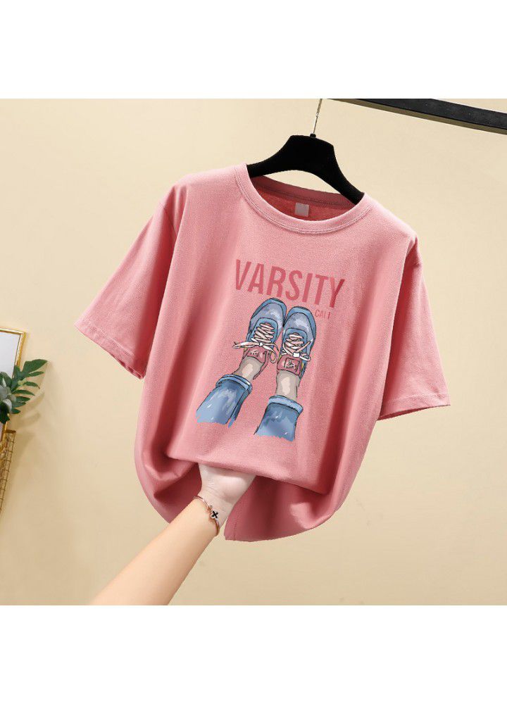 Pure cotton white short sleeve T-shirt women's ins foreign style BF loose and versatile Korean printed base shirt 2021 summer thin