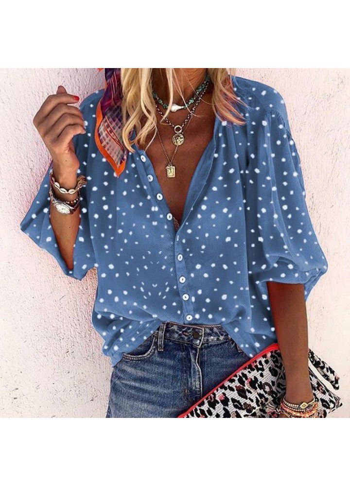 New Amazon wish Polka Dot snowflake Print Long Sleeve V-neck button women's shirt in autumn 2019