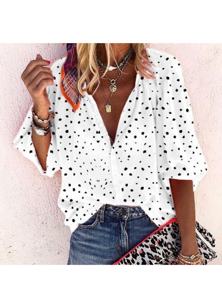 New Amazon wish Polka Dot snowflake Print Long Sleeve V-neck button women's shirt in autumn 2019