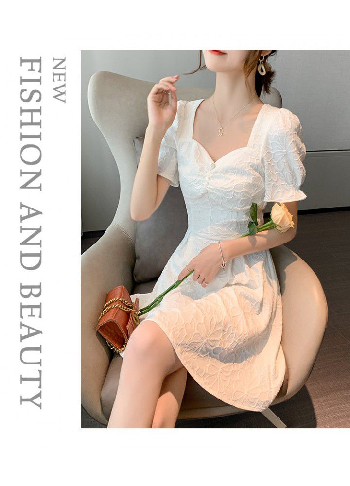 2021 mini skirt temperament goddess model dress French thin bubble sleeve square neck white dress summer