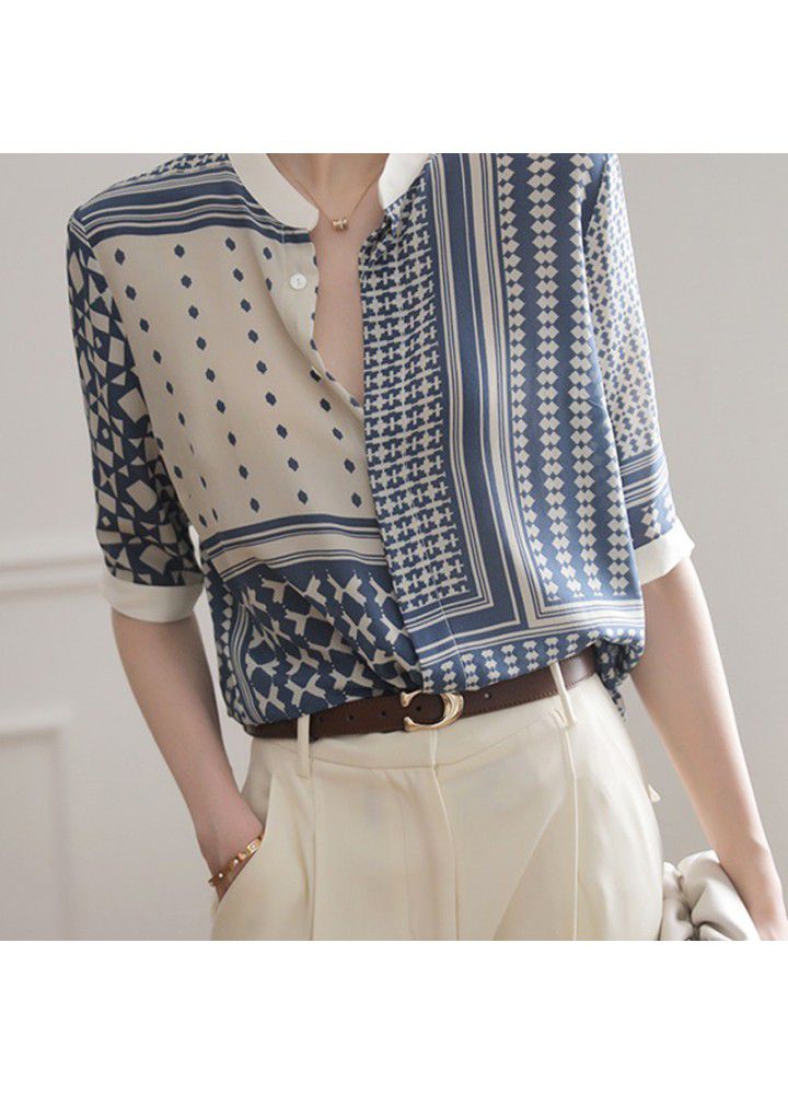 2021 summer new shirt women's middle sleeve stand collar retro Plaid stripe shirt design sense stitching temperament top
