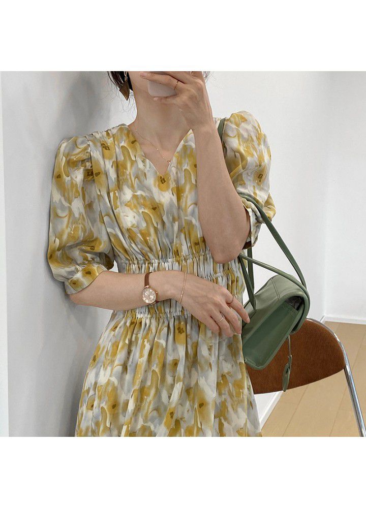 Taochuan gentle wind V-neck short sleeve floral dress women's summer 2021 waist fold French short skirt 5159