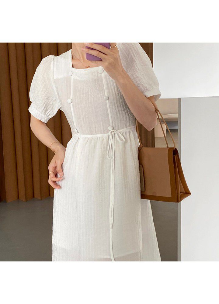 Taochuan Korean dress women's summer 2021 V-neck pleated bubble sleeve waist show thin temperament solid color long skirt 8187