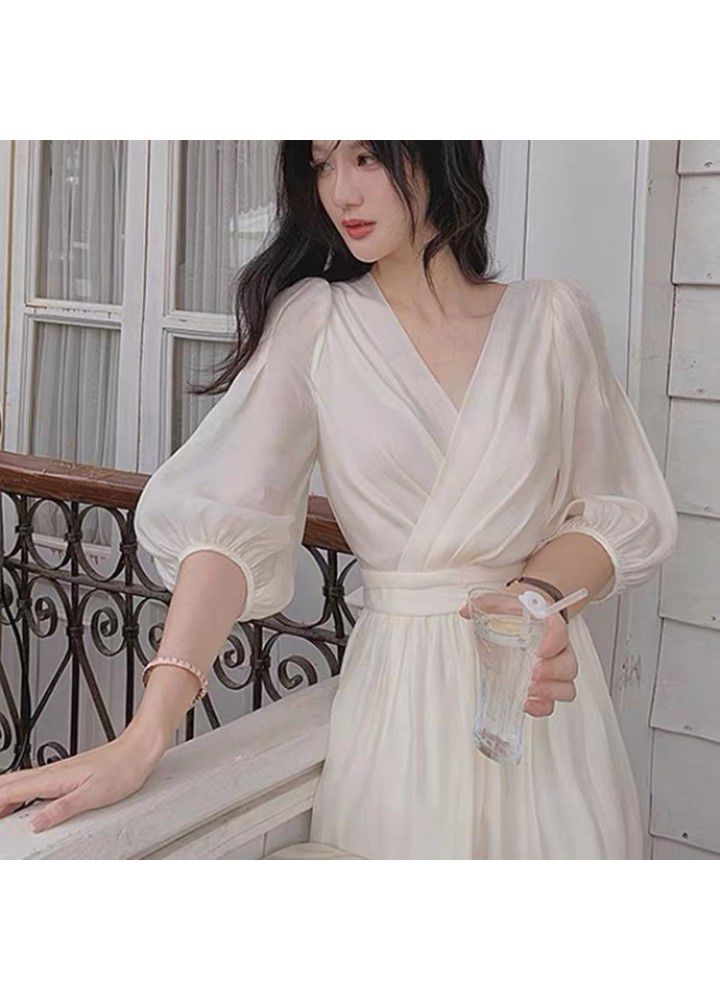 Summer 2021 new French gentleness tea break medium length blue chiffon dress Princess long skirt